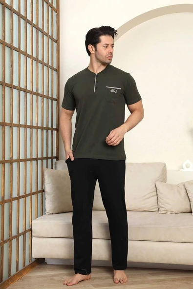 Erkek Bisiklet Yaka 3 Düğmeli Göğüs Cepli Pamuk Likra Mevsimlik Kısa Kol Pijama Takımı - 7