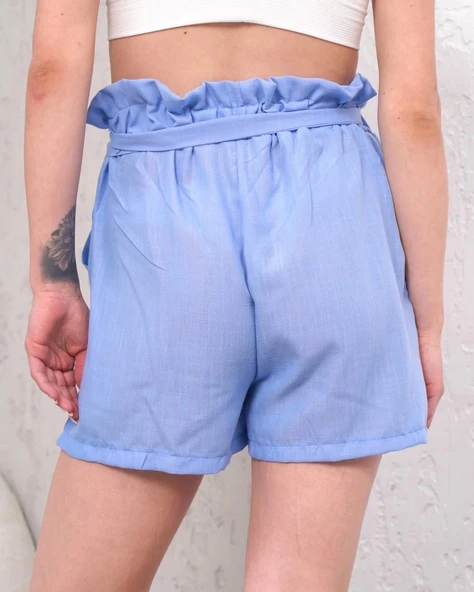 Kuşaklı keten şort mavi s255265 - 3