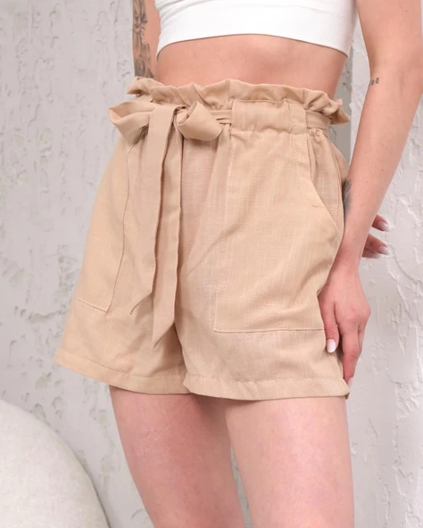 Kuşaklı keten şort bej s255265 - 5