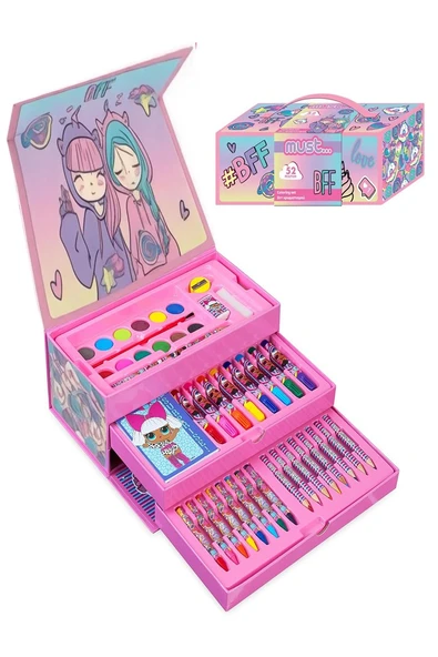 Kız Çocukları İçin Hediye Kutulu Boyama Seti 1 Paket 12 li Suluboya 8 li Keçeli Kalem 8 li Kuruboya 8 li Pastel Boya