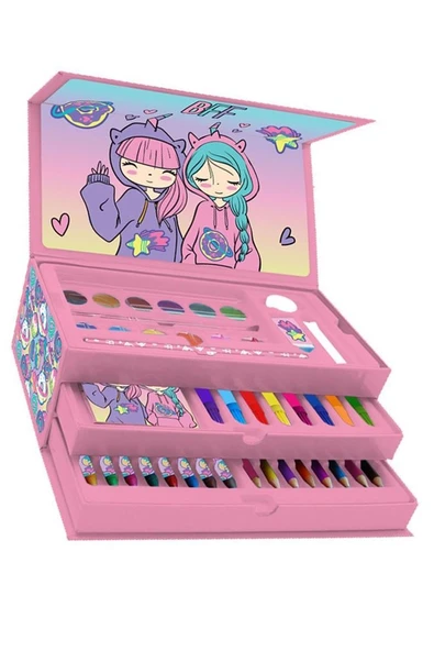 Kız Çocukları İçin Hediye Kutulu Boyama Seti 1 Paket 12 li Suluboya 8 li Keçeli Kalem 8 li Kuruboya 8 li Pastel Boya - 3
