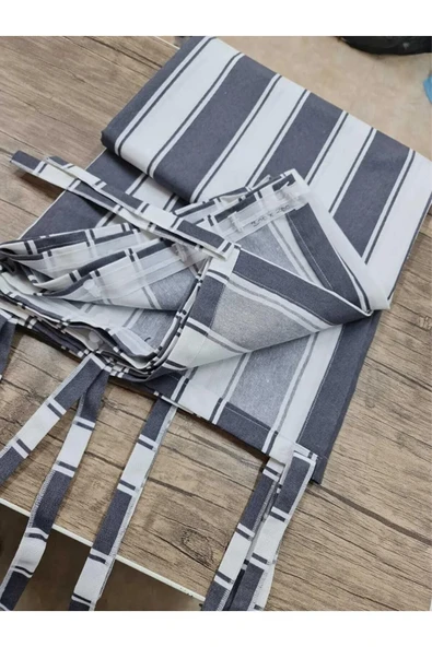 SHY TEKSTİL En X Yükseklik Ölçülerle GRİ-BEYAZ Çizgili Özel Dikim Lüks Kornişli Branda Balkon Perdesi - 2