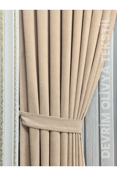 SHY TEKSTİL Lüks 1. Sınıf Düz Dikim--Petek Kadife Dokulu--- Bej Ada Fon Perde – En X Yükseklik Ölçülerinde Şık Ve Modern Tasarım - 2