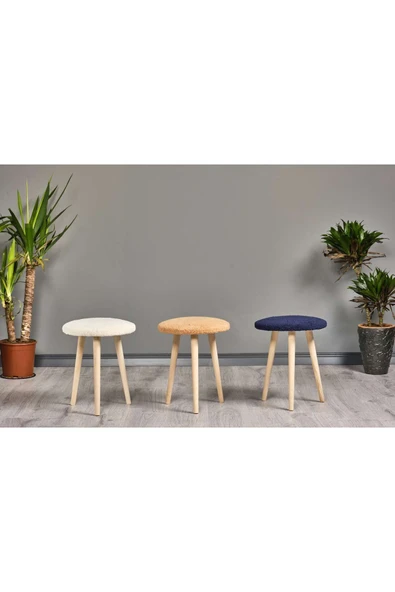 WoodyMaison Puf Ahşap Ayaklı Dekoratif Pelüş Puf Tabure Bench Sandalye - 6