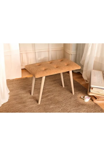 WoodyMaison Puf Retro Ahşap Ayaklı Handmade Çok Amaçlı Kuzu Tüyü Puf Bench Koltuk Sandalye 35*60*42