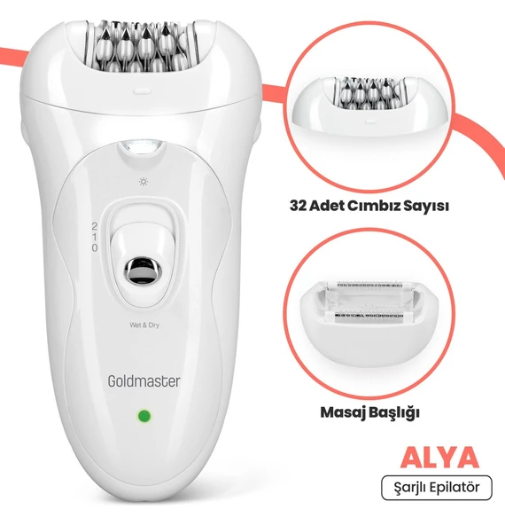 Goldmaster Alya Şarjlı Islak Kuru LED Işıklı 2in1 Epilatör ve Masaj Başlığı Epilasyon Cihazı Gm 8136 - 1