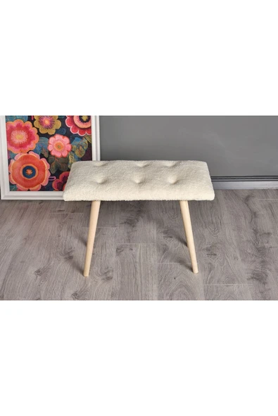 WoodyMaison Puf Retro Ahşap Ayaklı Handmade Çok Amaçlı Kuzu Tüyü Puf Bench Koltuk Sandalye 35*60*42 - 3
