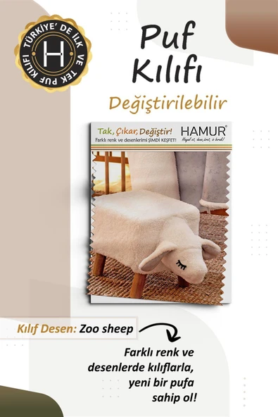 Yıkanabilir Puf Tabure Kılıfı Tak-Çıkar-Değiştir-Yenile Orta Sehpa Kılıfı Bb Fluffy Zoo Sheep - 3