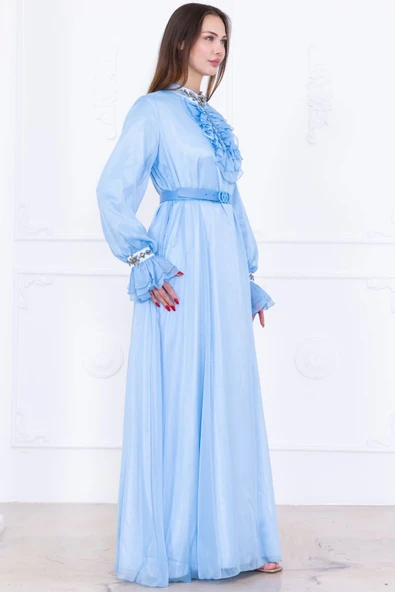 Yaka Fırfırlı Boncuk İşlemeli Şifon Abiye 2716-Bebe Mavisi - Resim 6