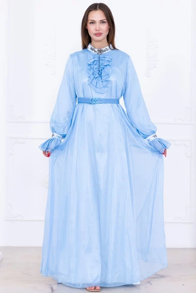 Yaka Fırfırlı Boncuk İşlemeli Şifon Abiye 2716-Bebe Mavisi ürün görseli