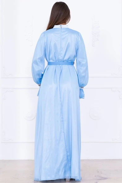 Yaka Fırfırlı Boncuk İşlemeli Şifon Abiye 2716-Bebe Mavisi - Resim 7