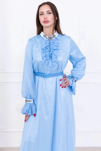 Yaka Fırfırlı Boncuk İşlemeli Şifon Abiye 2716-Bebe Mavisi - Resim 5