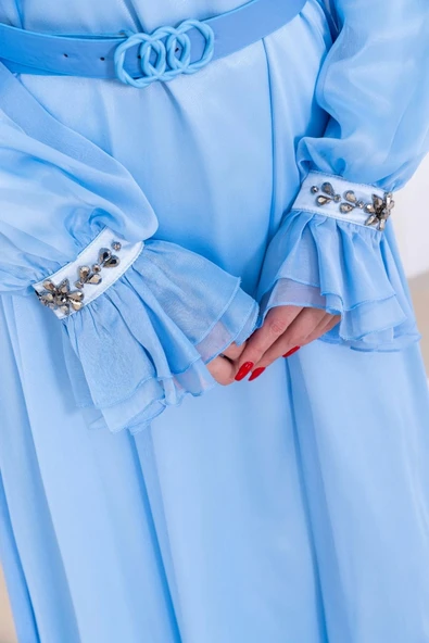 Yaka Fırfırlı Boncuk İşlemeli Şifon Abiye 2716-Bebe Mavisi - Resim 4