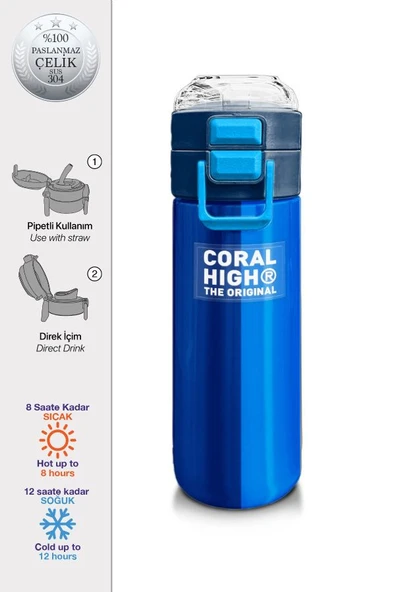 Coral High Erkek Çocuk 500 ml Okul ve Günlük Paslanmaz Çelik Termos - Lacivert Mavi Çizgili Desenli  - Sızdırmaz - 2
