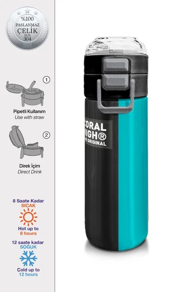 Coral High Erkek Çocuk 500 ml Okul ve Günlük Paslanmaz Çelik Termos - Siyah Yeşil Çizgili Desenli - Sızdırmaz - 2