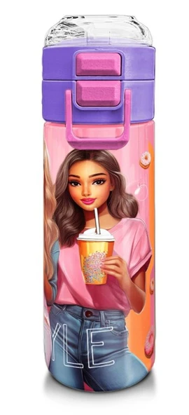 Coral High Kız Çocuk 500 ml Okul ve Günlük Paslanmaz Çelik Termos - Pembe Mercan Fashion Girl Desenli  - Sızdırmaz