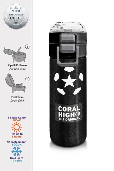 Coral High 500 ml Paslanmaz Çelik Okul Termosu/Suluk/Matara - Erkek Çocuk - Siyah Futbol Desenli - Sızdırma Yapmaz - 2