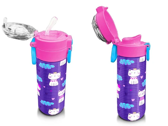 Coral High Kız Çocuk İçin 500 ml'lik Paslanmaz Çelik Termos/Suluk - Mor Pembe Kedi Baskılı - 4