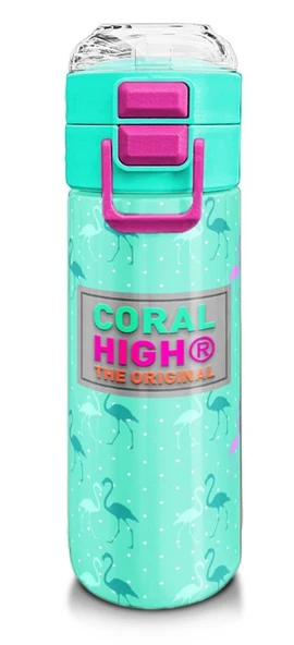 Coral High 500 ml Paslanmaz Çelik Okul Termosu/Suluk/Matara - Kız Çocuk - Su Yeşili Neon Pembe Flamingo Desenli - Sızdırma Yapmaz