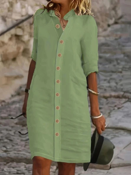 Lucky Life Kadın Kısa Kollu Hakim Yaka önden Düğmeli Kısa Müslim Elbise - Resim 3