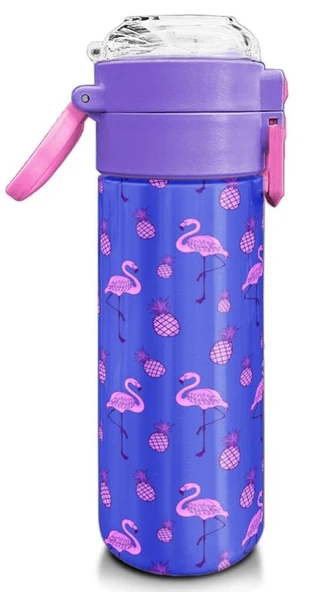 Coral High Kız Çocuk İçin 500 ml'lik Paslanmaz Çelik Termos/Suluk - Lavanta Pembe Flamingo Desenli - 3