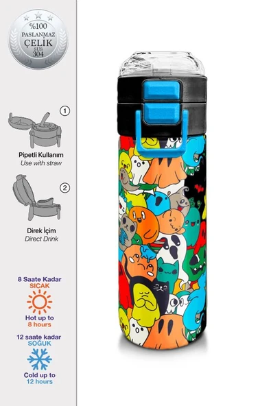 Coral High Çelik Matara Termos/Suluk 31990 - 500ml, Kız Çocuk - Siyah Karikatür Çizgili - 2