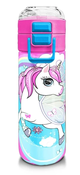 Coral High Kız Çocuk İçin 500 ml'lik Paslanmaz Çelik Termos/Suluk - Mavi Neon Pembe Unicorn Desenli