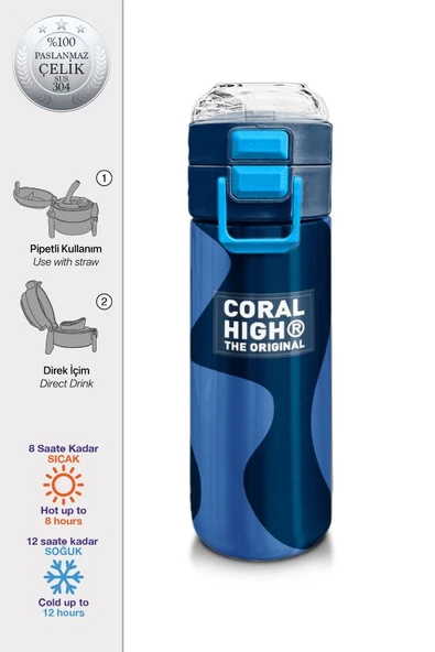 Coral High 500 ml Lacivert Mavi Desenli - Erkek Çocuk Paslanmaz Çelik Okul Termosu/Suluk/Matara - 2