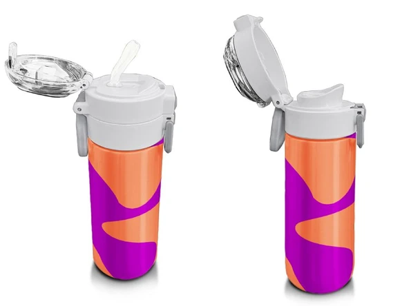 Coral High 500 ml Koyu Pembe Turuncu Desenli - Erkek Çocuk Paslanmaz Çelik Okul Termosu/Suluk/Matara - 4