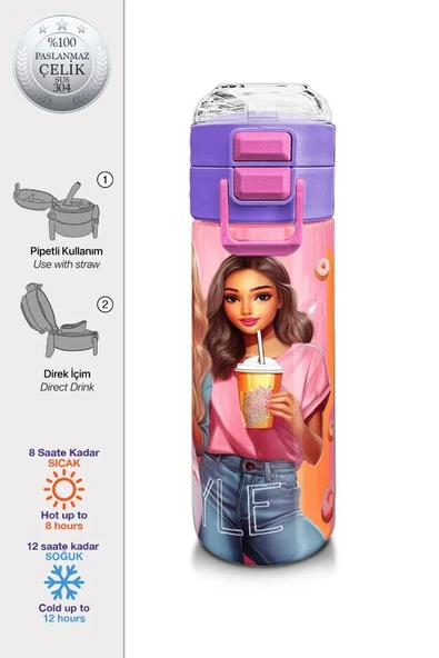 Coral High Kız Çocuk 500 ml Okul ve Günlük Paslanmaz Çelik Termos - Pembe Mercan Fashion Girl Desenli  - Sızdırmaz - 2