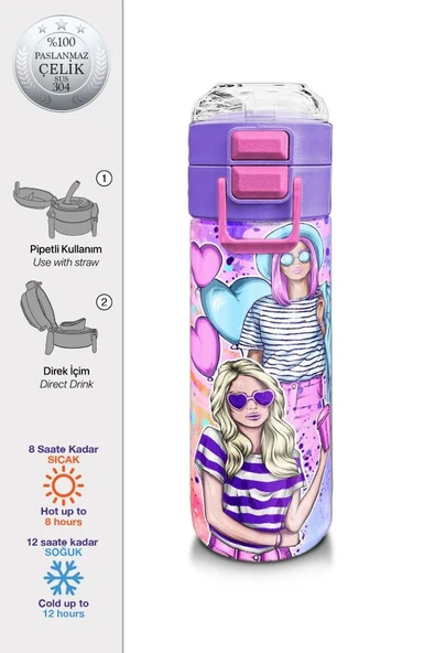 Coral High Kız Çocuk 500 ml Okul ve Günlük Paslanmaz Çelik Termos - Pembe Mor Fashion Girl Desenli  - Sızdırmaz - 2