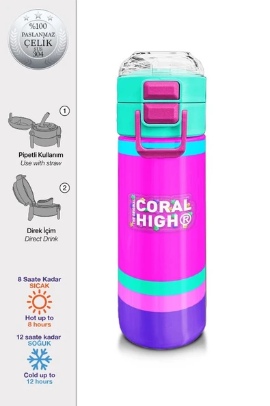 Coral High 500 ml Pipetli ve Direkt İçim Çelik Termos/Matara - Kız Çocuk -  Çok Renkli - 2