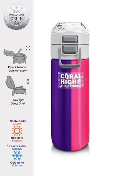 Coral High Erkek Çocuk 500 ml Okul ve Günlük Paslanmaz Çelik Termos - Mor-Pembe Renkli Çizgili - Sızdırmaz - 2