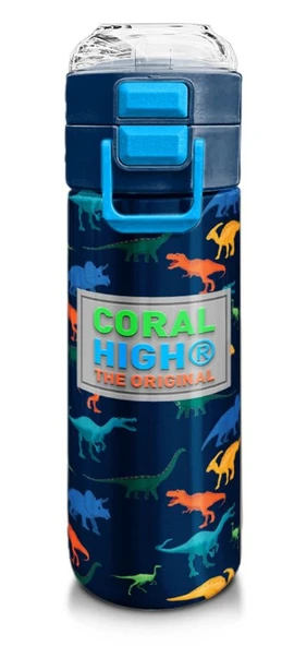 Coral High 500 ml Lacivert Mavi Dinozor Desenli - Erkek Çocuk Paslanmaz Çelik Okul Termosu/Suluk/Matara