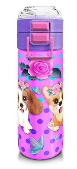 Coral High 500 ml Kız Çocuk Pipetli Termos/Matara - Pembe Köpek Desenli  - Çift Kullanım Özelliği
