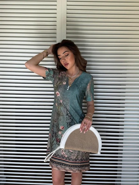 Lucky Life Kısa Kollu V Yakalı çiçek Baskılı Midi Süprem Elbise - Resim 4