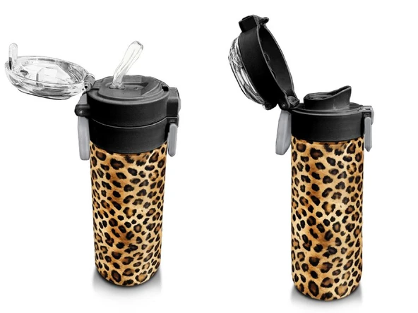 Coral High 500 ml Kahverengi Leopar Desenli - Kız Çocuk Paslanmaz Çelik Okul Termosu/Suluk/Matara - 4