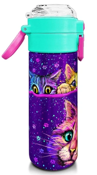 Coral High 500 ml Kız Çocuk Pipetli Termos/Matara - Mor Pembe Kedi Desenli - Çift Kullanım Özelliği - 3