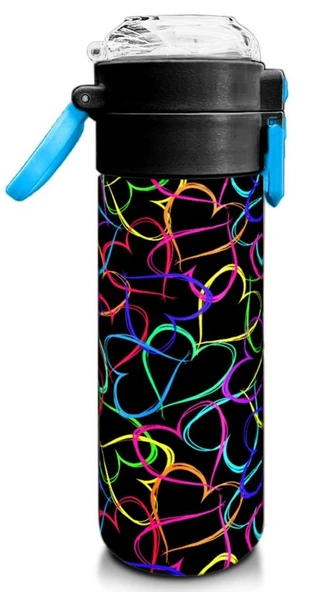 Coral High 500 ml Pipetli ve Direkt İçim Çelik Termos/Matara - Kız Çocuk -  Çok Renkli Kalp Desenli - Resim 3