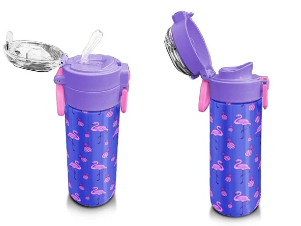 Coral High Kız Çocuk İçin 500 ml'lik Paslanmaz Çelik Termos/Suluk - Lavanta Pembe Flamingo Desenli - 4