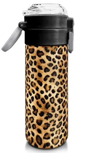 Coral High 500 ml Kahverengi Leopar Desenli  - Kız Çocuk Paslanmaz Çelik Okul Termosu/Suluk/Matara - 3