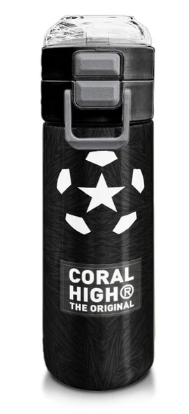 Coral High 500 ml Paslanmaz Çelik Okul Termosu/Suluk/Matara - Erkek Çocuk - Siyah Futbol Desenli  - Sızdırma Yapmaz