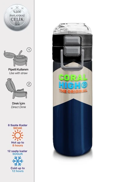 Coral High 500 ml Lacivert Koyu Gri Bej Desenli  - Erkek Çocuk Paslanmaz Çelik Okul Termosu/Suluk/Matara - Resim 2