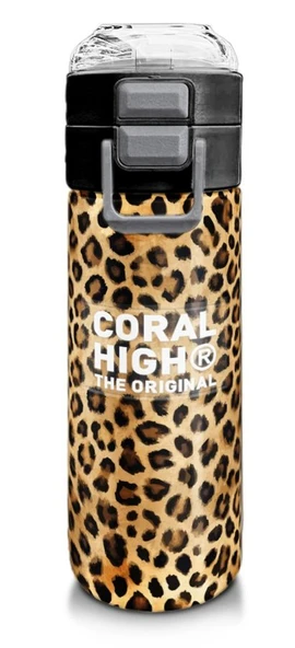 Coral High 500 ml Kahverengi Leopar Desenli  - Kız Çocuk Paslanmaz Çelik Okul Termosu/Suluk/Matara