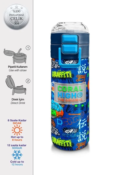 Coral High Erkek Çocuk 500 ml Okul ve Günlük Paslanmaz Çelik Termos - Saks Grafiti Desenli  - Sızdırmaz - 2