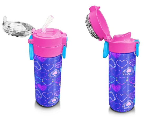 Coral High Çelik Matara Termos/Suluk 31977 - 500ml, Kız Çocuk - Açık Pembe Lavanta Kalp Desenli - 4