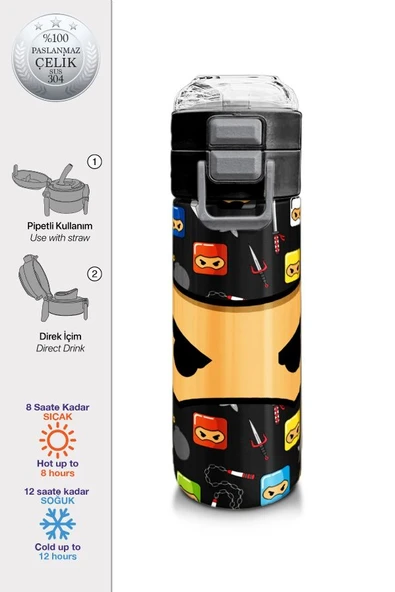 Coral High 500 ml Paslanmaz Çelik Okul Termosu/Suluk/Matara - Erkek Çocuk - Siyah Ninja Desenli  - Sızdırma Yapmaz - 2