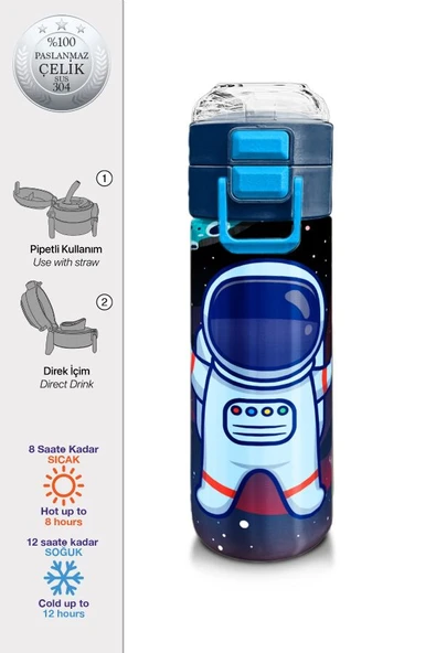 Coral High Erkek Çocuk 500 ml Okul ve Günlük Paslanmaz Çelik Termos - Saks Mavi Astronot Desenli - Sızdırmaz - 2
