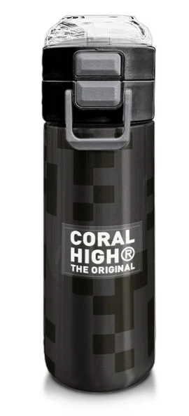 Coral High 500 ml Paslanmaz Çelik Okul Termosu/Suluk/Matara - Erkek Çocuk - Siyah Blok Desenli  - Sızdırma Yapmaz