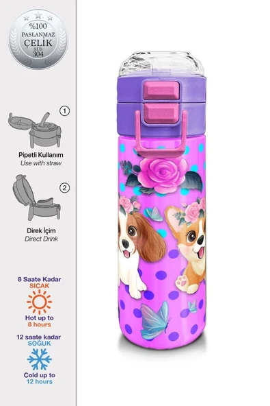 Coral High 500 ml Kız Çocuk Pipetli Termos/Matara - Pembe Köpek Desenli  - Çift Kullanım Özelliği - 2
